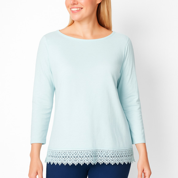 Talbots Tops - Talbots Top Womens Large Light Blue Long Sleeve Lace Hem Relaxed Fit Casual